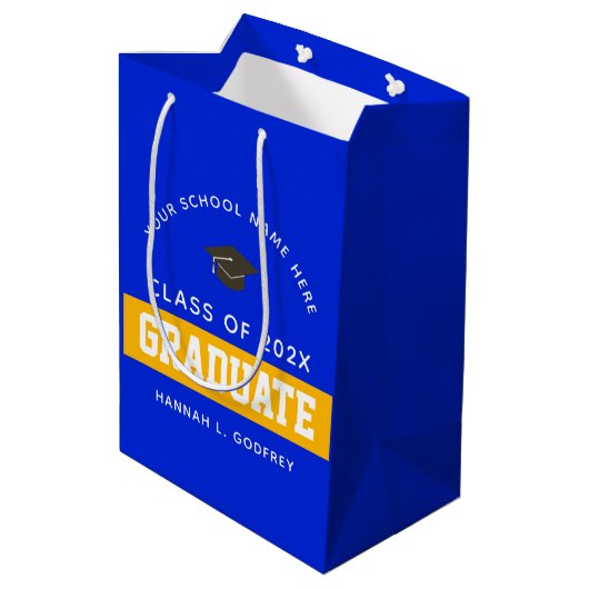 ブルー王室の・金ゴールド卒業おめでとうカスタム ミディアムペーパーバッグ (裏面アングル)