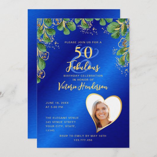 ブルー王室の&金ゴールド50と素晴らしい緑の誕生日 招待状 (正面/裏面)