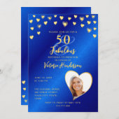 ブルー王室の&金ゴールド50と素晴らしい誕生日 招待状 (正面/裏面)