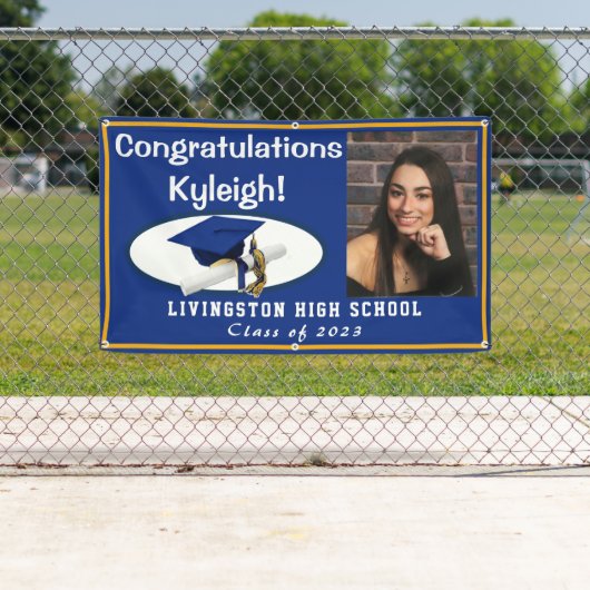 ブルー王室の・金ゴールド・ホワイト・ビニール卒業写真 横断幕 (インサイチュ)