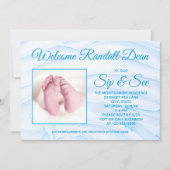 ブルー生まれたばかりの男の赤ちゃん園区と表示されるカスタム写真 招待状 (正面)