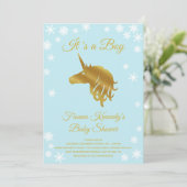 ブルー男の子ユニコーン冬の赤ちゃんシャワー 招待状 (スタンド正面)