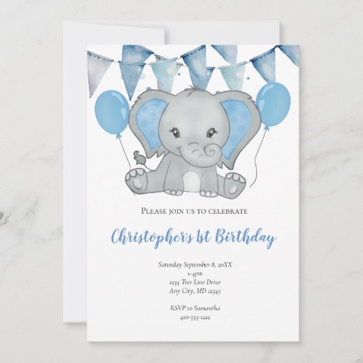 ブルー男の赤ちゃんエレファントバルーン1st第1誕生日 招待状 (正面)