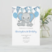 ブルー男の赤ちゃんエレファントバルーン1st第1誕生日 招待状 (スタンド正面)