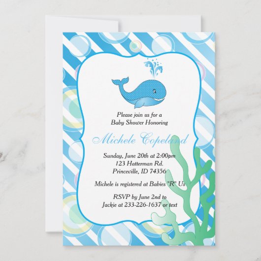 ブルー男の赤ちゃんクジラ赤ちゃんシャワー 招待状 (正面)
