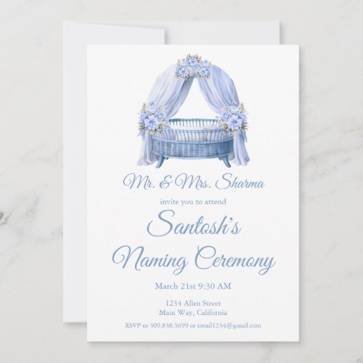 ブルー男の赤ちゃんクレードル命名式 招待状 (正面)