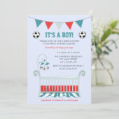 ブルー男の赤ちゃんサッカーベビーシャワー 招待状 (スタンド正面)