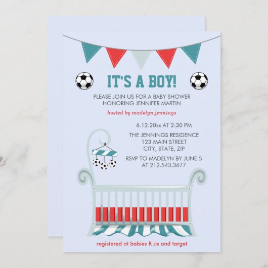 ブルー男の赤ちゃんサッカーベビーシャワー 招待状 (正面/裏面)