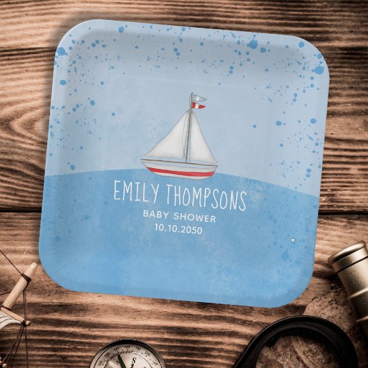 ブルー男の赤ちゃんシャワーウォーターカラーセーリングボート ペーパープレート