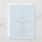 ブルー男の赤ちゃんシンプル金ゴールドエレガントクロスバプテスマ 招待状 (正面)