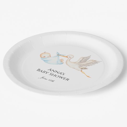 ブルー男の赤ちゃんストークベビーシャワー ペーパープレート (アングル)