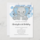 ブルー男の赤ちゃんゾウ花バルーン誕生日 招待状 (正面)