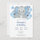 ブルー男の赤ちゃんゾウ花バルーン誕生日 招待状 (正面)