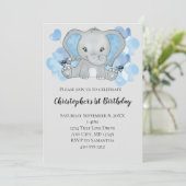 ブルー男の赤ちゃんゾウ花バルーン誕生日 招待状 (スタンド正面)