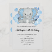 ブルー男の赤ちゃんゾウ花バルーン誕生日 招待状 (正面/裏面)