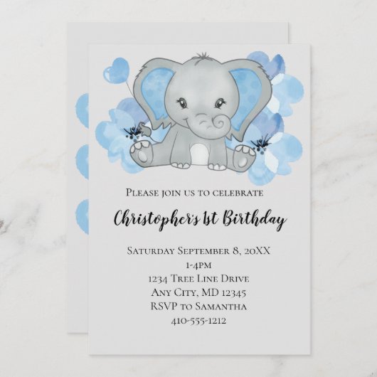 ブルー男の赤ちゃんゾウ花バルーン誕生日 招待状 (正面/裏面)