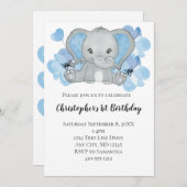 ブルー男の赤ちゃんゾウ花バルーン誕生日I 招待状 (正面/裏面)