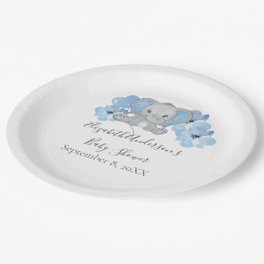 ブルー男の赤ちゃんゾウ赤ちゃんシャワー花バルーン ペーパープレート (アングル)