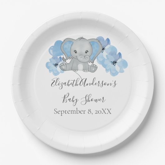 ブルー男の赤ちゃんゾウ赤ちゃんシャワー花バルーン ペーパープレート (正面)