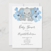 ブルー男の赤ちゃんゾウ赤ちゃんシャワー花バルーン 招待状 (正面)