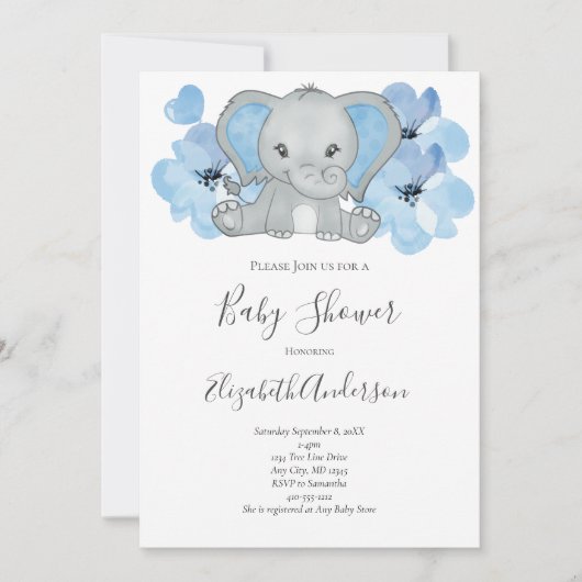 ブルー男の赤ちゃんゾウ赤ちゃんシャワー花バルーン 招待状 (正面)