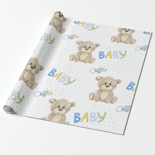 ブルー男の赤ちゃんテディベア水彩ベビーシャワー ラッピングペーパー (アンロールド)
