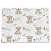 ブルー男の赤ちゃんテディベア水彩ベビーシャワー ラージペーパーバッグ (正面)