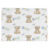 ブルー男の赤ちゃんテディベア水彩ベビーシャワー ラージペーパーバッグ (裏面)