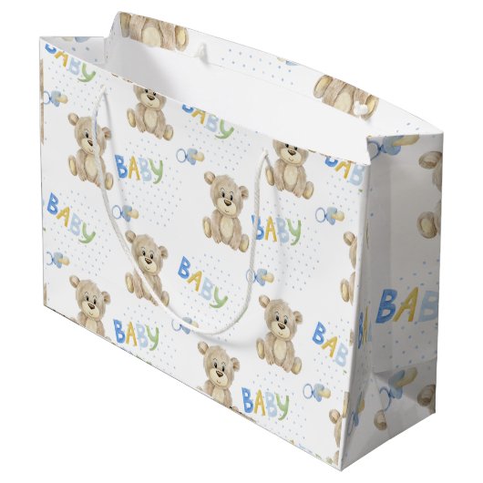 ブルー男の赤ちゃんテディベア水彩ベビーシャワー ラージペーパーバッグ (裏面アングル)