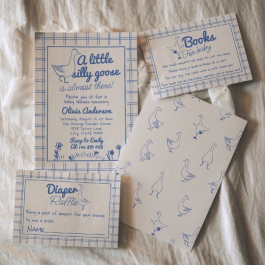 ブルー男の赤ちゃんハンドドロー間抜けグースベイビーシャワー 招待状