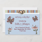 ブルー男の赤ちゃんバタフライフラワー誕生のお知らせ 案内状 (正面)