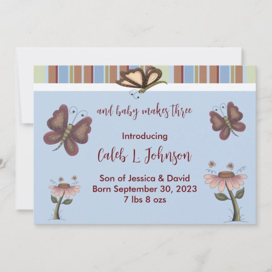 ブルー男の赤ちゃんバタフライフラワー誕生のお知らせ 案内状 (正面)