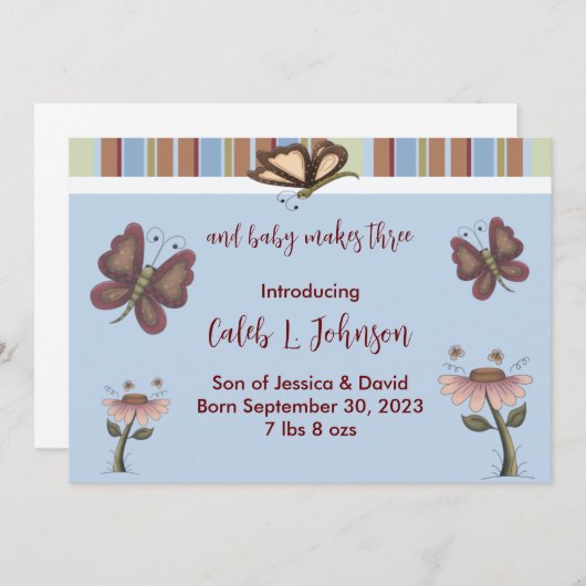 ブルー男の赤ちゃんバタフライフラワー誕生のお知らせ 案内状 (正面/裏面)