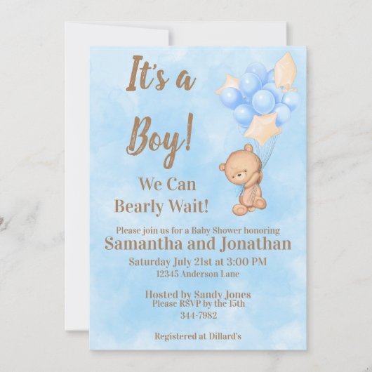 ブルー男の赤ちゃんバーリーウェイテディベア赤ちゃんシャワー 招待状 (正面)