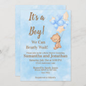 ブルー男の赤ちゃんバーリーウェイテディベア赤ちゃんシャワー 招待状 (正面/裏面)