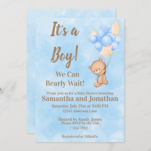 ブルー男の赤ちゃんバーリーウェイテディベア赤ちゃんシャワー 招待状 (正面/裏面)