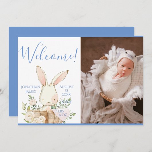 ブルー男の赤ちゃんフォトスクリプト誕生 案内状 (正面/裏面)