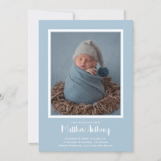 ブルー男の赤ちゃんフォト誕生 案内状 (正面)