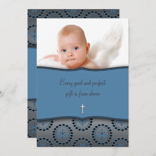 ブルー男の赤ちゃんフォト《キリスト教》洗礼式や命名式 招待状 (正面/裏面)