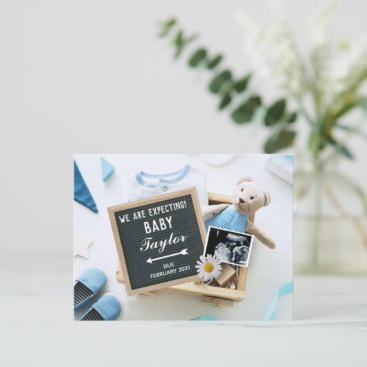 ブルー男の赤ちゃんベア妊娠の発表 ポストカード (スタンド正面)