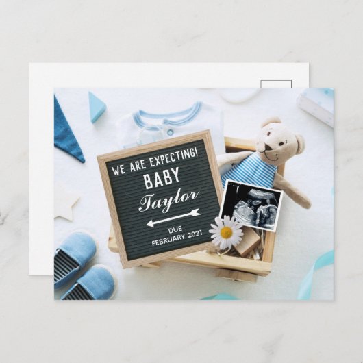 ブルー男の赤ちゃんベア妊娠の発表 ポストカード (正面/裏面)