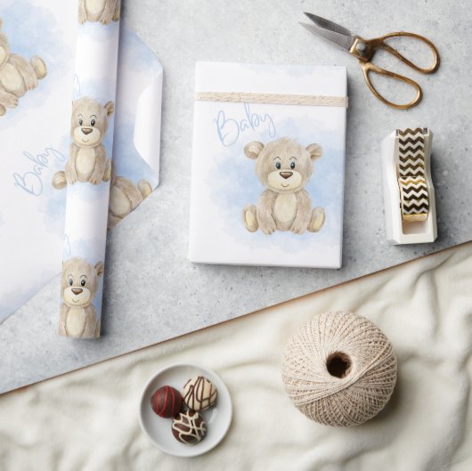 ブルー男の赤ちゃんベア赤ちゃんシャワー ラッピングペーパー (クラフト)