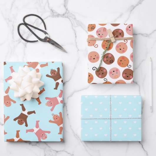 ブルー男の赤ちゃんラッピング紙フラットシートセット3 ラッピングペーパーシート (正面)