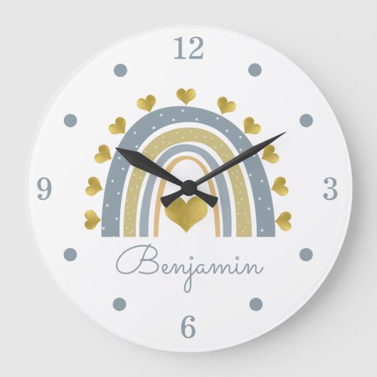 ブルー男の赤ちゃんレインボー子供部屋アクリル時計 ラージ壁時計 (正面)
