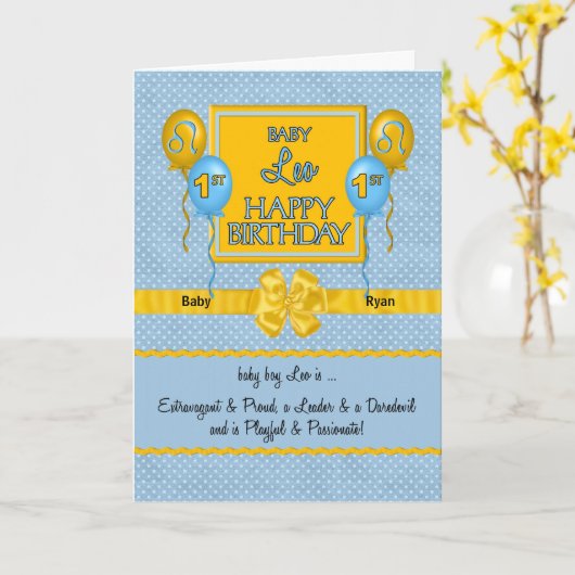 ブルー男の赤ちゃんレオ〔占星術の〕十二宮図1st誕生日 カード (黄色い花)