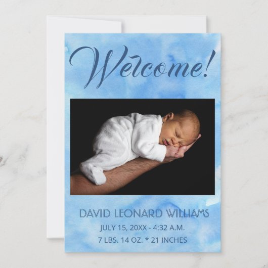 ブルー男の赤ちゃん写真誕生のお知らせ 案内状 (正面)