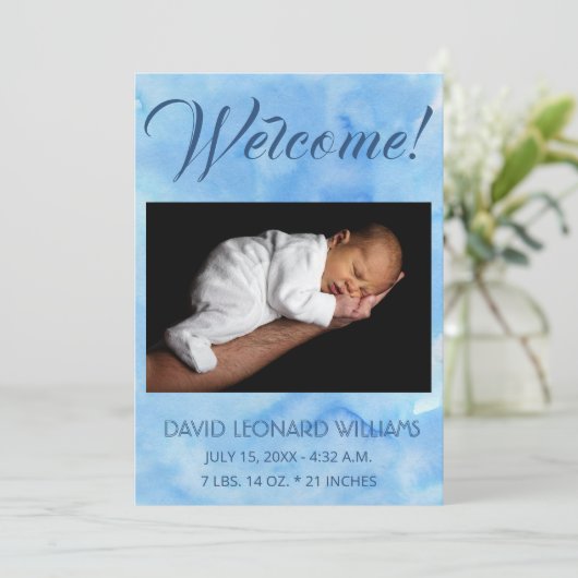 ブルー男の赤ちゃん写真誕生のお知らせ 案内状 (スタンド正面)