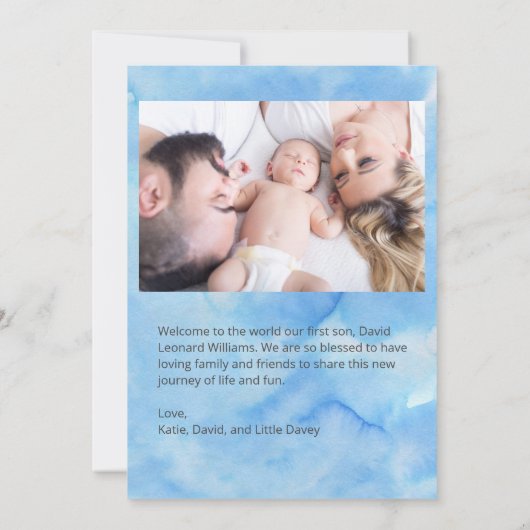 ブルー男の赤ちゃん写真誕生のお知らせ 案内状 (裏面)