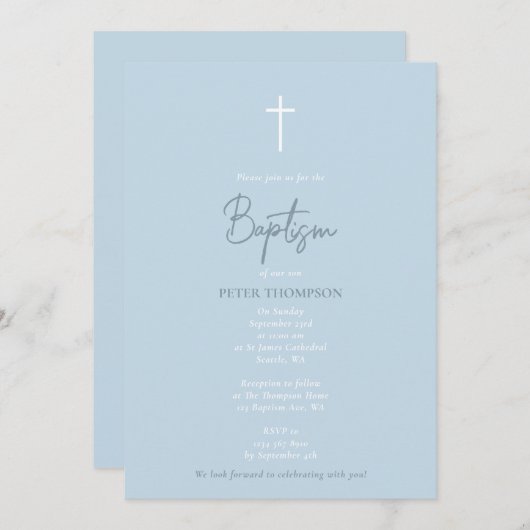 ブルー男の赤ちゃん手描書きバプテスマ 招待状 (正面/裏面)