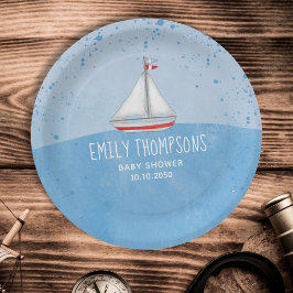 ブルー男の赤ちゃん水彩帆船シャワーカスタム ペーパープレート